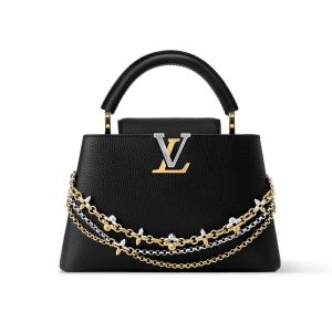 Louis Vuitton Capucines BB Handbag in Taurillon Leather with Monogram Flowers Chain M26814 Black