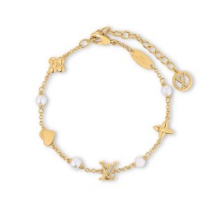 Louis Vuitton LV Heart Bracelet in Metal with Resin Pearls M1105A Gold