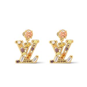 Louis Vuitton Lady LV Pendant Earrings in Metal with Diamonds M02644 Gold