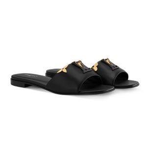Louis Vuitton LV Mare Flat Slides Women Plain Calf Leather with Monogram Flower Motif 1AITR8 Black