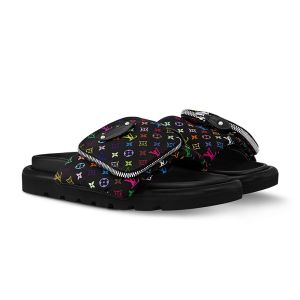 Louis Vuitton x TM Pool Pillow Flat Comfort Slides Unisex Monogram Multicolor Nylon with Zip Pouch 1AGVRH Black