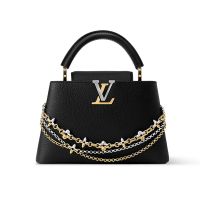 Louis Vuitton Capucines BB Handbag in Taurillon Leather with Monogram Flowers Chain M26814 Black