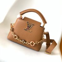 Louis Vuitton Capucines Mini Handbag in Taurillon Leather with Resin Monogram Flowers Chain M14971 Brown