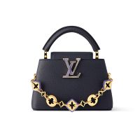 Louis Vuitton Capucines Mini Handbag in Taurillon Leather with Resin Monogram Flowers Chain M14971 Navy Blue