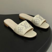 Louis Vuitton 6AM Flat Slides Women Grained Calf Leather with Tiny Studs Beige