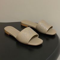 Louis Vuitton 6AM Flat Slides Women Grained Calf Leather with Tiny Studs Khaki