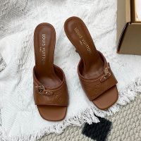 Louis Vuitton 6AM Slides 90mm Women Monogram Embossed Calf Leather Brown