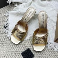 Louis Vuitton 6AM Slides 90mm Women Monogram Embossed Calf Leather Gold