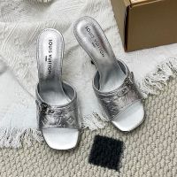 Louis Vuitton 6AM Slides 90mm Women Monogram Embossed Calf Leather Silver