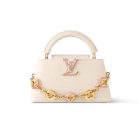 Louis Vuitton Capucines East-West Mini Handbag in Taurillon Leather with Resin Monogram Flowers Chain M14393 Beige