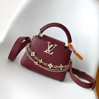 Louis Vuitton Capucines Mini Handbag in Taurillon Leather with Monogram Flowers Chain M27034 Burgundy