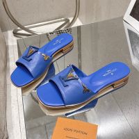 Louis Vuitton LV Mare Flat Slides Women Plain Calf Leather with Monogram Flower Motif Blue