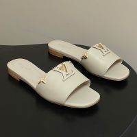 Louis Vuitton LV Mare Flat Slides Women Plain Calf Leather with Monogram Flower Motif Light Green