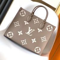 Louis Vuitton OnTheGo MM Tote in Monogram Embossed Grained Leather M45494 Grey/Beige