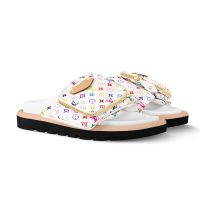 Louis Vuitton x TM Pool Pillow Flat Comfort Slides Unisex Monogram Multicolor Nylon with Zip Pouch 1AGVQO White