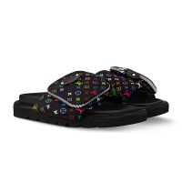 Louis Vuitton x TM Pool Pillow Flat Comfort Slides Unisex Monogram Multicolor Nylon with Zip Pouch 1AGVRH Black