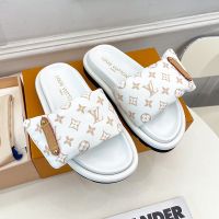 Louis Vuitton Pool Pillow Flat Comfort Slides Unisex Monogram Denim 1ACJVH White